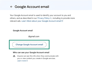 Google Account email page with change email option