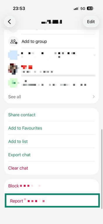 WhatsApp chat settings with the Report button highlighted.