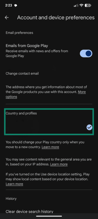 Where to change the Google Play location on an Android phone.